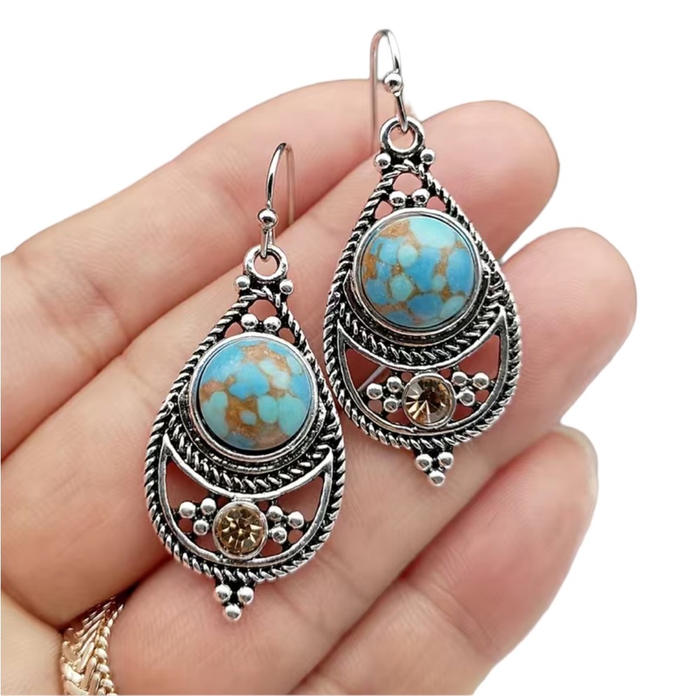 Boho Turquoise and Gemstone Silver Teardrop Earrings - Picture 4 of 5